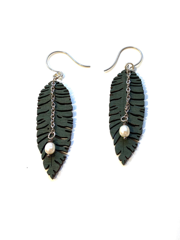 Feather Earrings, Laser Cut Wooden Earrings with Pearl, Dangling Earrings, Nature Feather Earrings, Bohemian Earrings