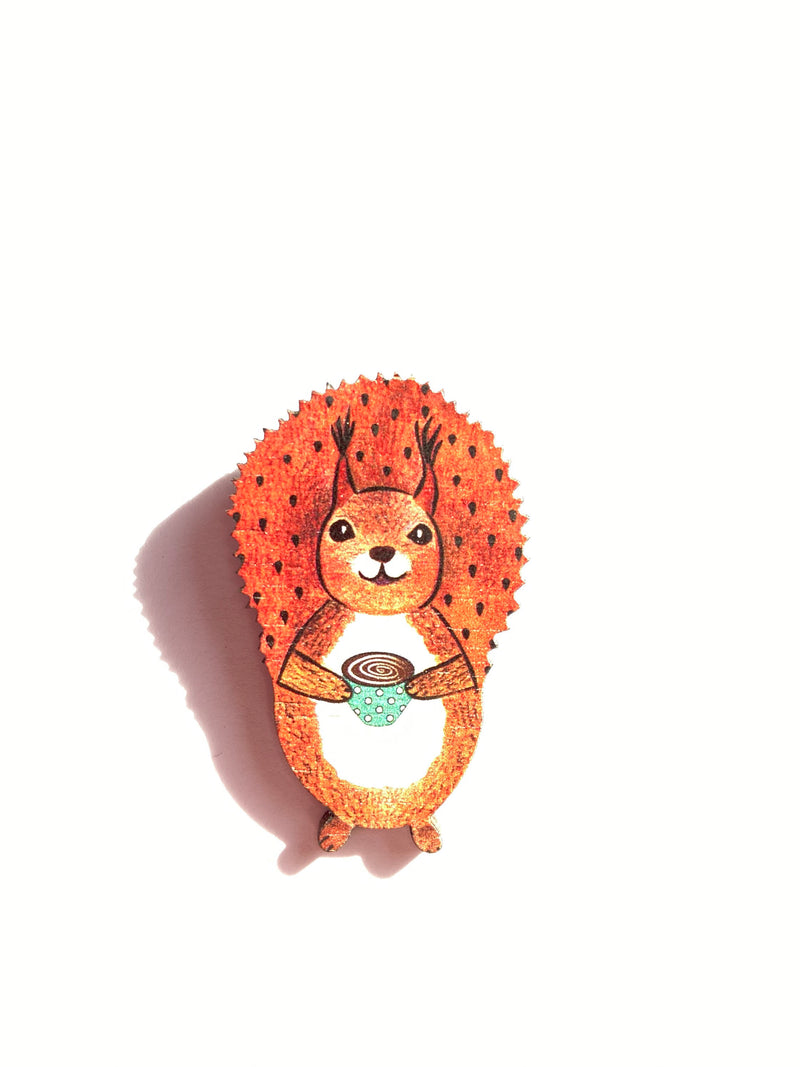 Squirrel Coffee-holic Wooden Pin Brooch
